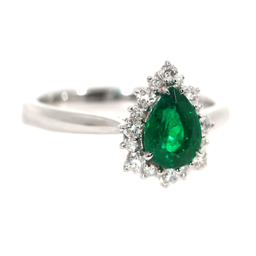 Pear Cut Emerald, Diamond & White Gold Ring