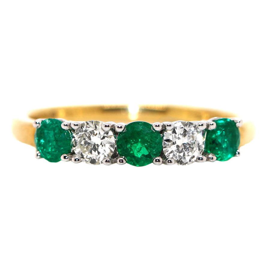 Emerald, Diamond, Yellow & White Gold Five Stone Ring