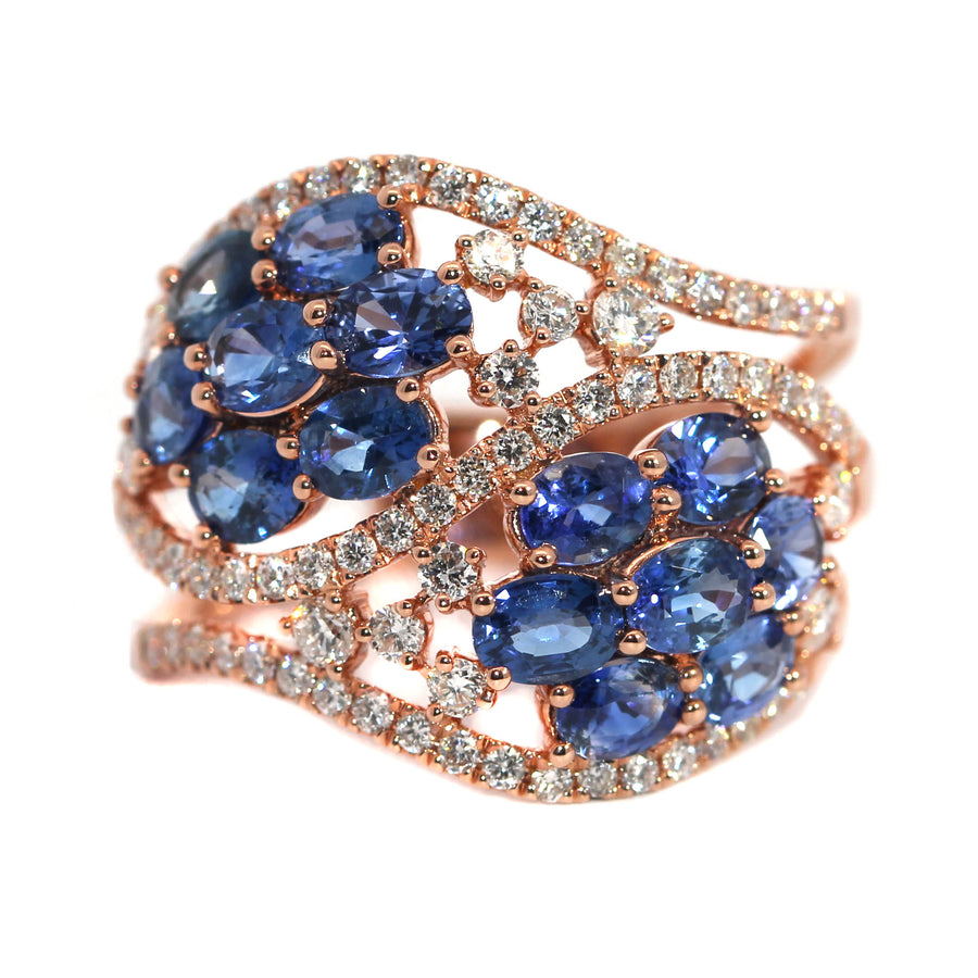 Cluster Crossover Sapphire, Diamond & Rose Gold Dress Ring