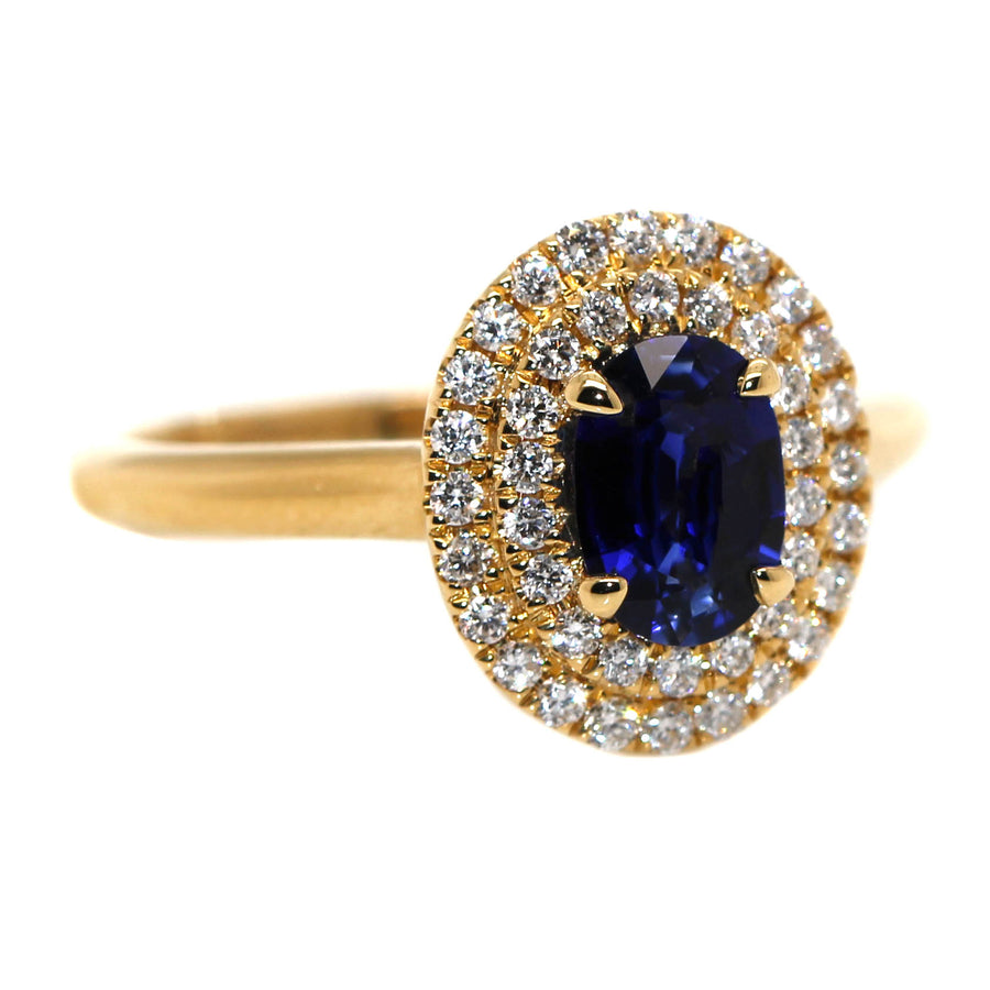 Double Halo Sapphire, Diamond & Yellow Gold Ring