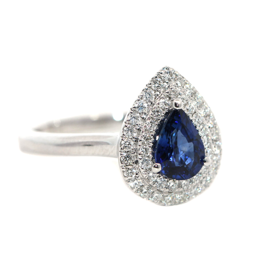 Double Halo Sapphire & Diamond Pear Ring