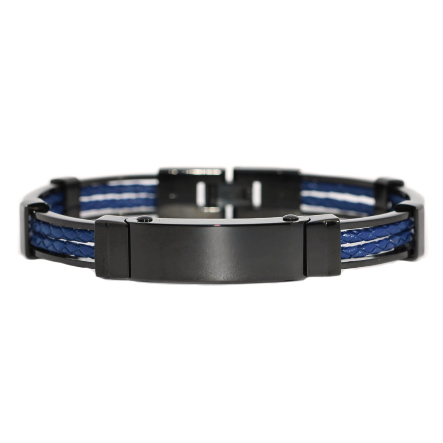 Black IP, Stainless Steel & Blue Leather Gents Bracelet