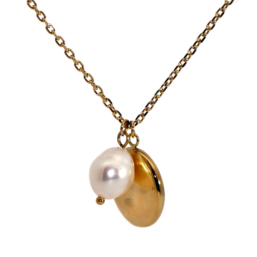 Stainless Steel, Yellow Gold Plate, Pearl & Disc Necklet