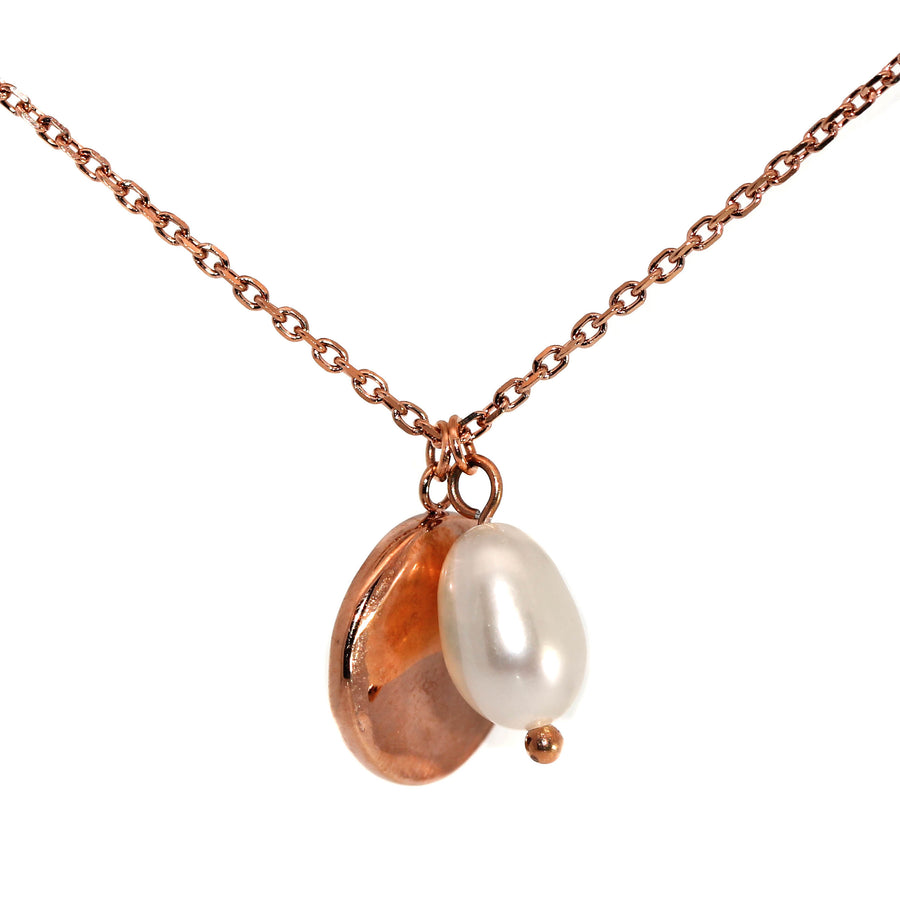 Stainless Steel, Rose Gold Plate, Pearl & Disc Necklet