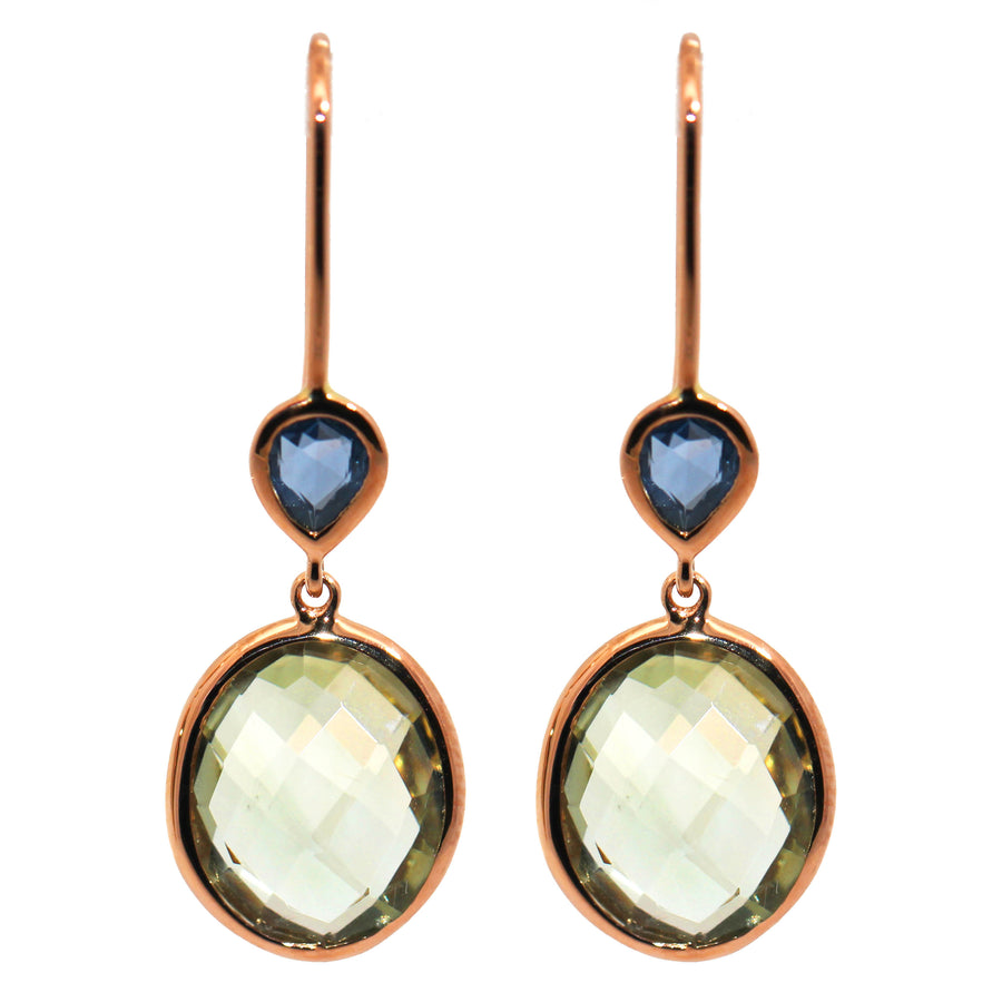 Green Amethyst, Sapphire & Rose Gold Drop Earrings