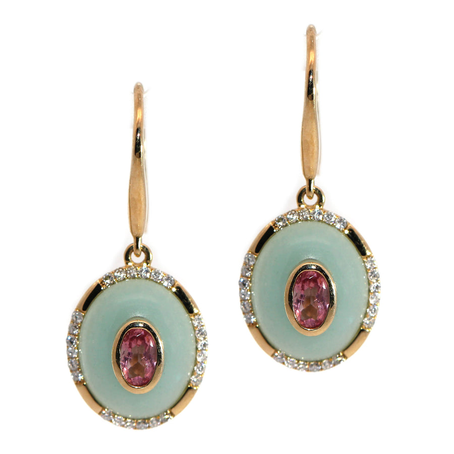 Amazonite, Pink Tourmaline & Diamond Drop Earrings