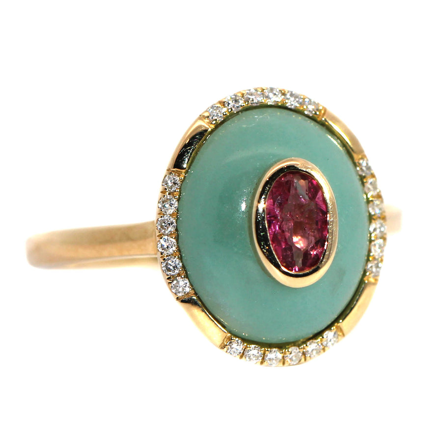 Small Amazonite, Pink Tourmaline, Diamond & Yellow Gold Ring