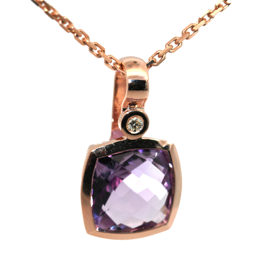 Cushion Cut Amethyst, Diamond & Rose Gold Pendant