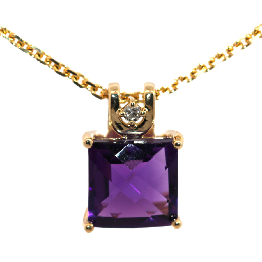 Princess Cut Amethyst, Diamond & Yellow Gold Pendant