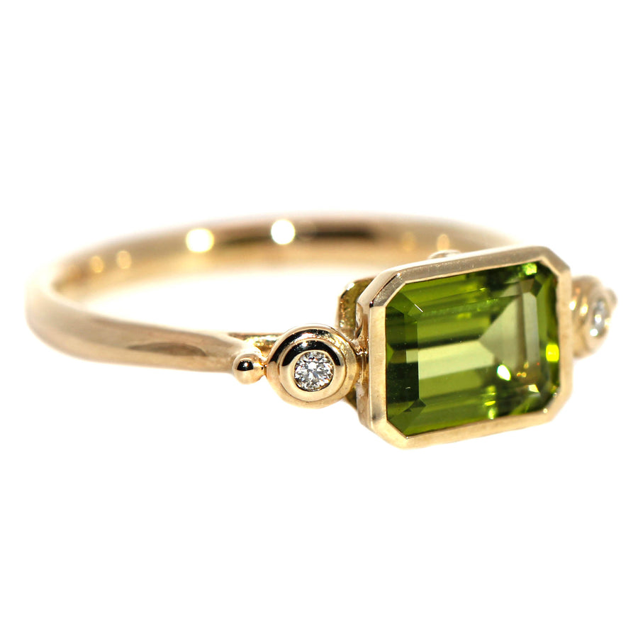 Bezel Set Emerald Cut Peridot & Diamond Dress Ring