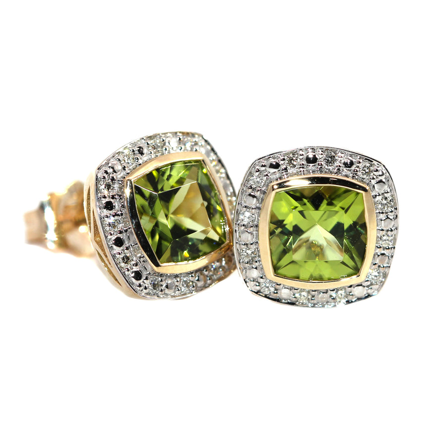 Cushion Cut Peridot & Diamond Studs