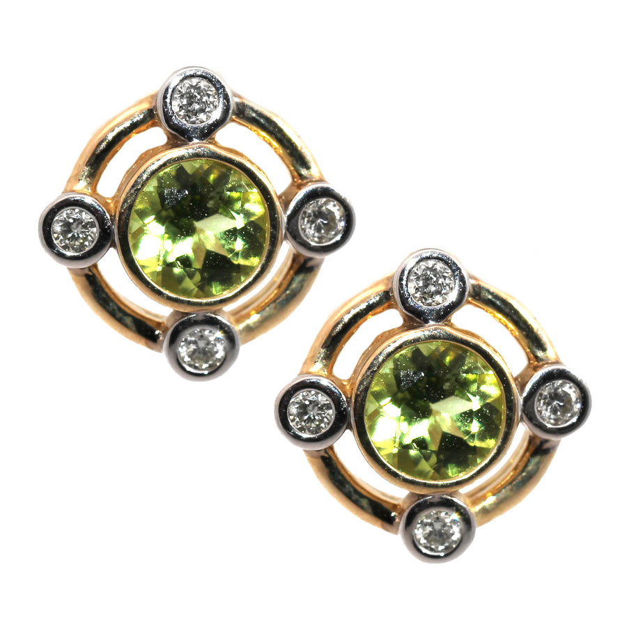 Peridot, Diamond, White & Yellow Gold Bezel Set Studs