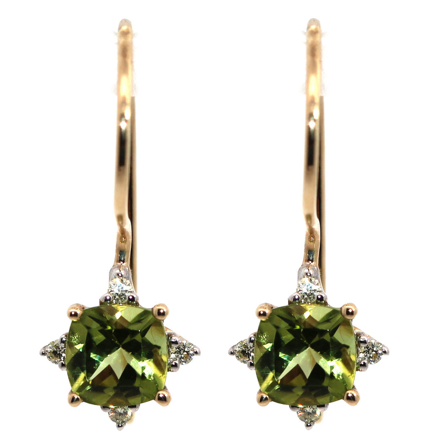 Cushion Cut Peridot & Diamond Drop Earrings