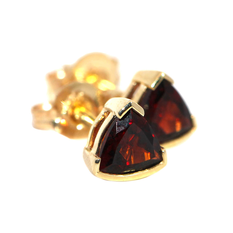 Trilliant Cut Garnet & Yellow Gold Studs