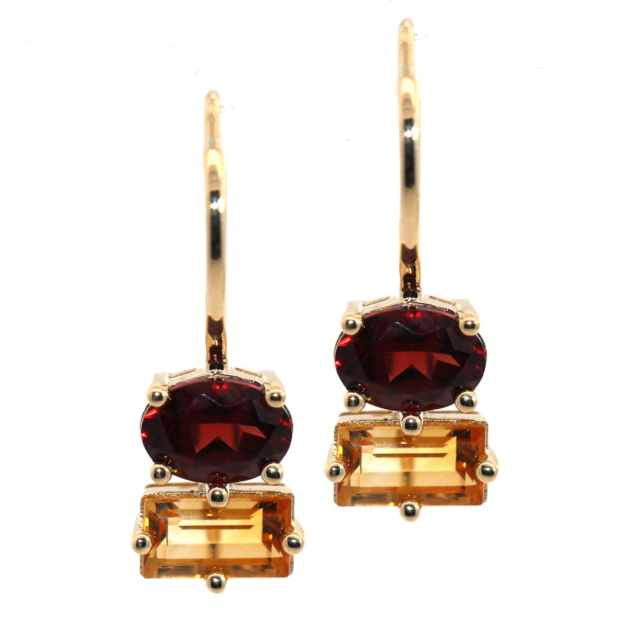 Citrine, Garnet & Yellow Gold Drop Earrings