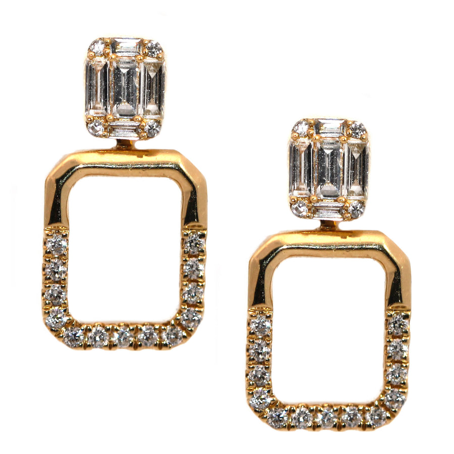 Three In One Diamond Yellow Gold Rectangle Shaped Earrings