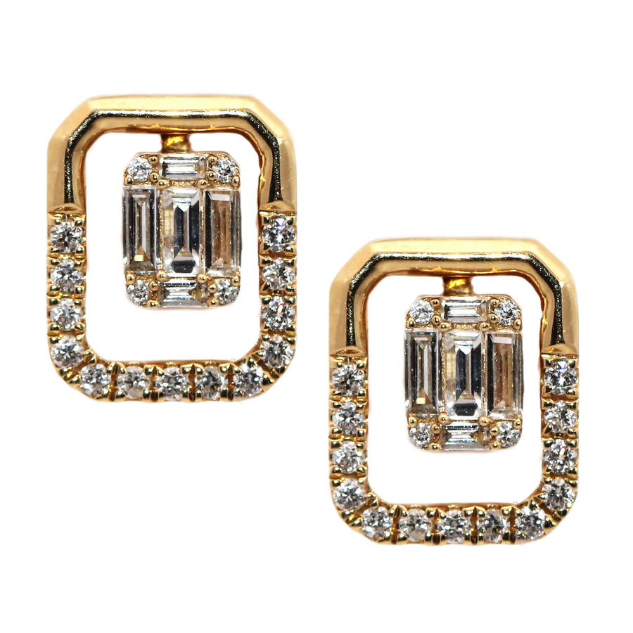 Three In One Diamond Yellow Gold Rectangle Shaped Earrings