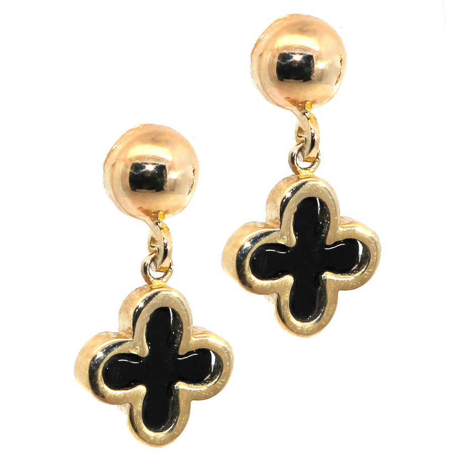 Onyx & Yellow Gold Clover Shaped Drops