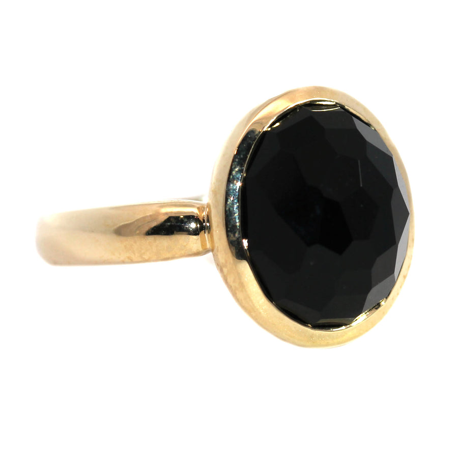 Faceted Cabochon Cut Onyx & Yellow Gold Dress Ring