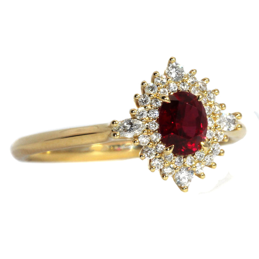 Double Halo Diamond, Ruby & Yellow Gold Ring