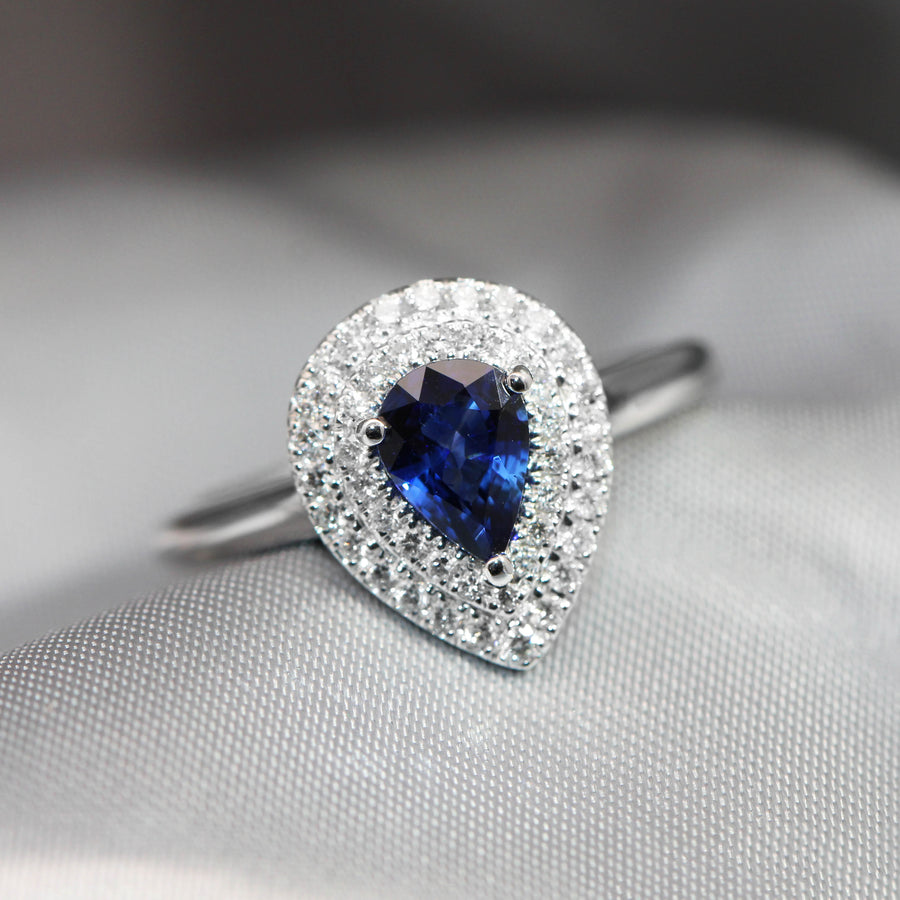 Double Halo Sapphire & Diamond Pear Ring