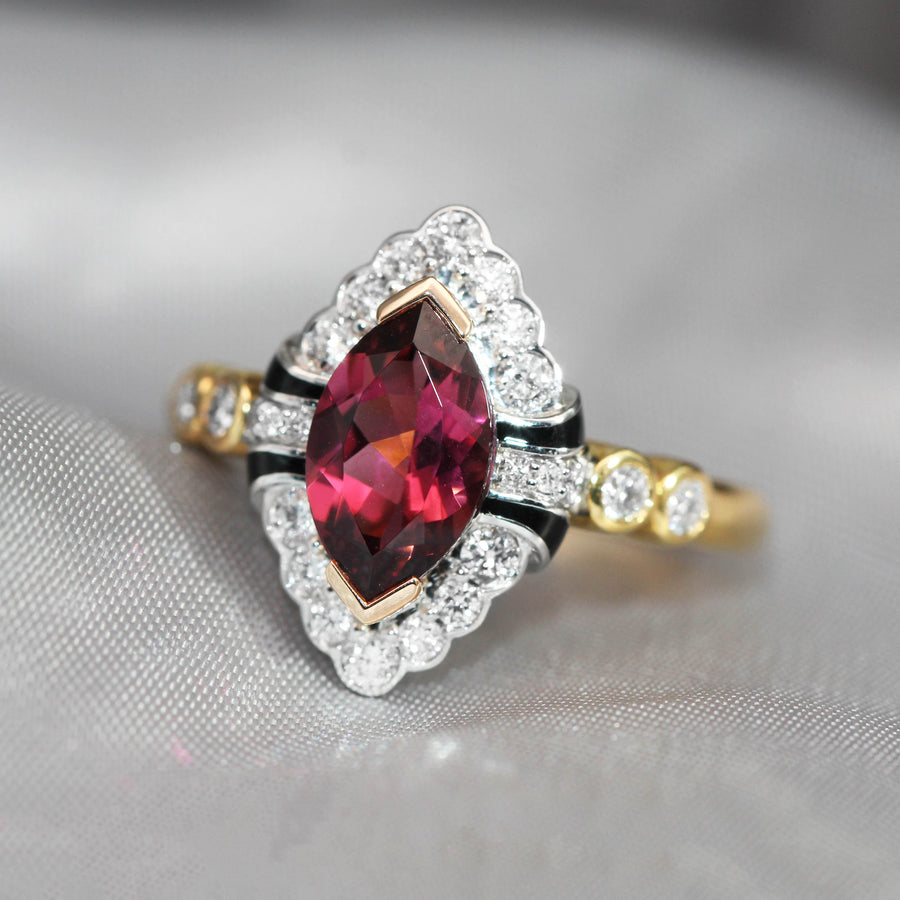 Pink Tourmaline, Diamond & Black Enamel Ring
