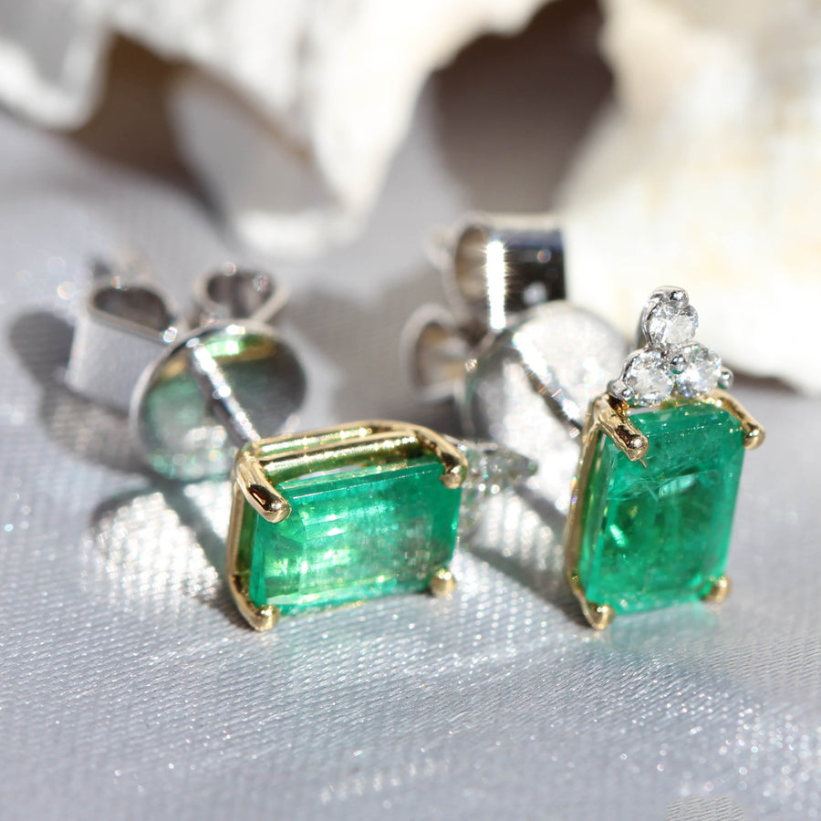 Emerald & Diamond Claw Set Stud Earrings