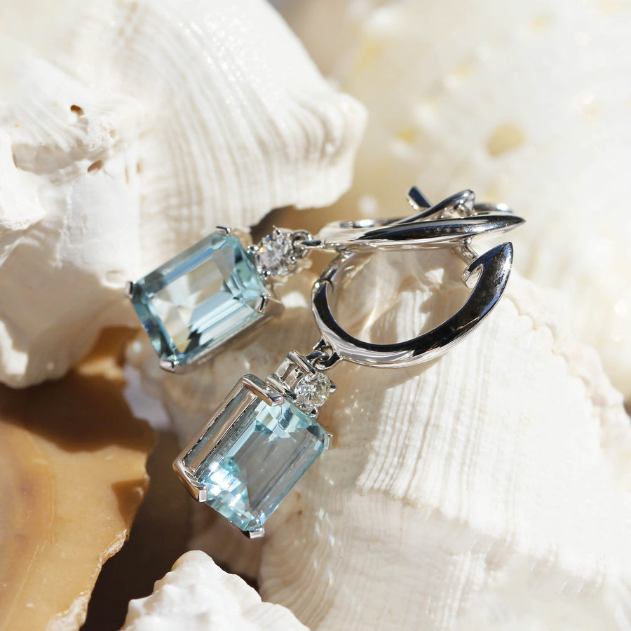 Emerald Cut Aquamarine & Diamond Huggies