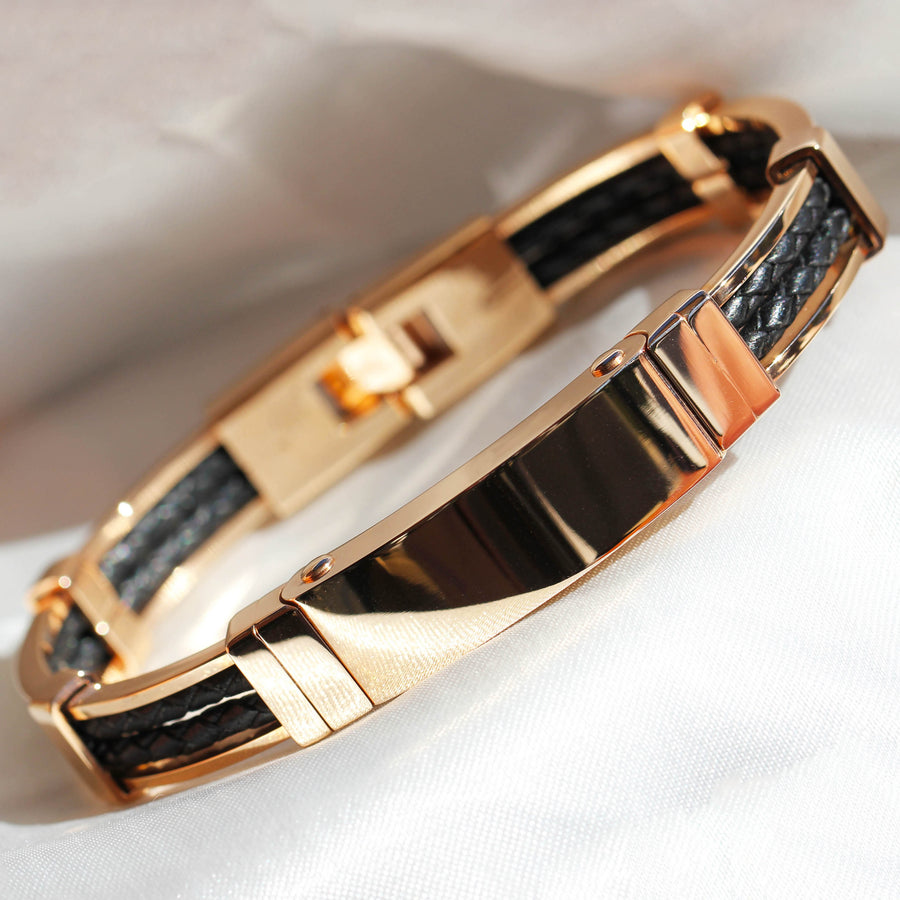 Stainless Steel, Rose Gold Plate & Leather Gents Bracelet