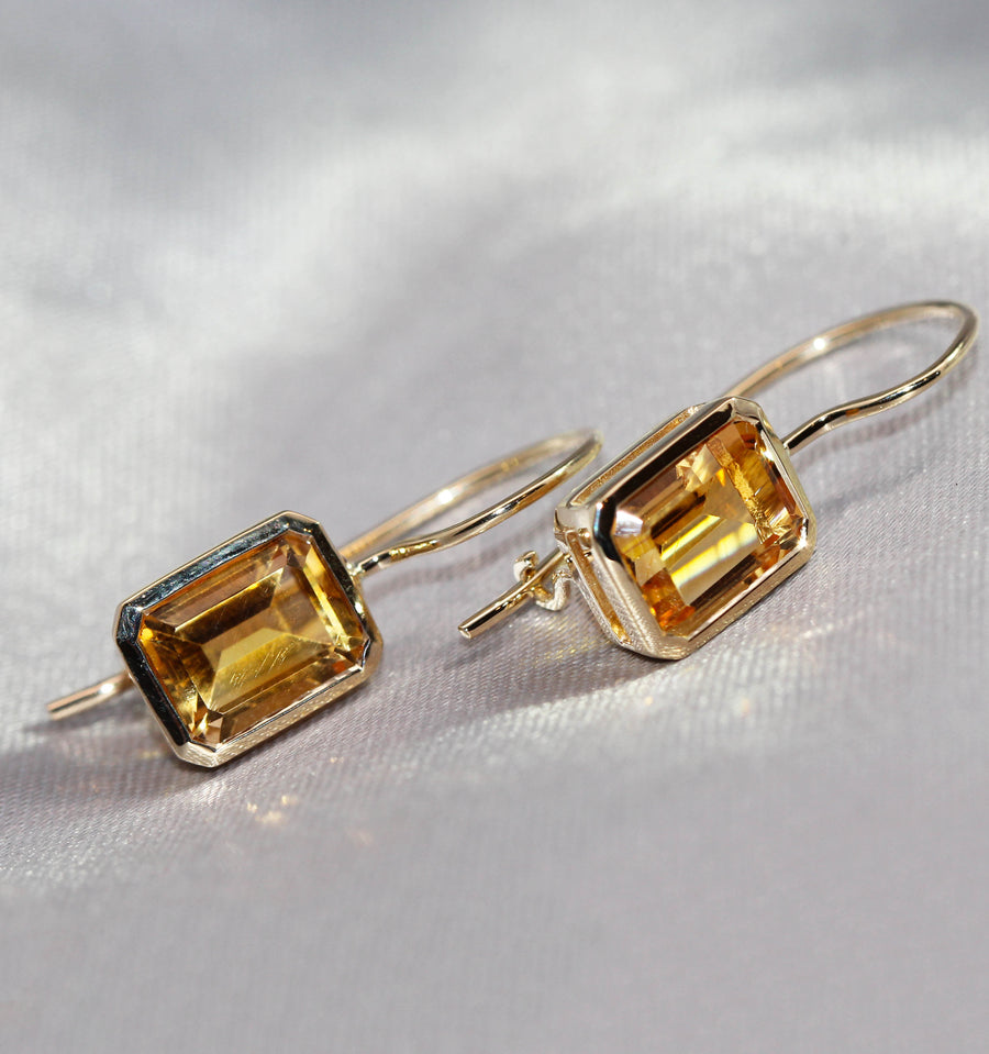 Citrine & Yellow Gold Emerald Cut Drop Earrings