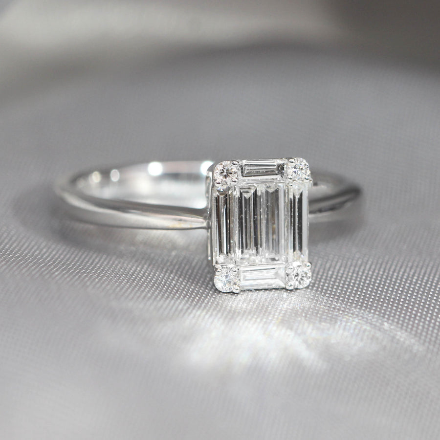 Emerald Cut Cluster Diamond & White Gold Dress Ring