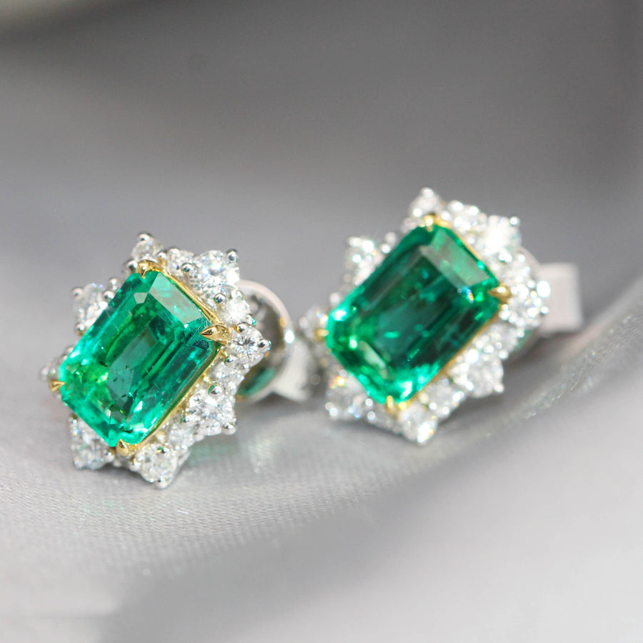 Emerald, Diamond, Yellow & White Gold Studs