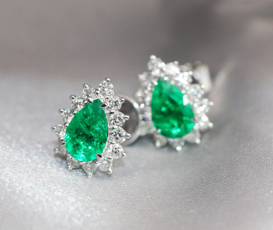 Pear Cut Emerald & Diamond Studs