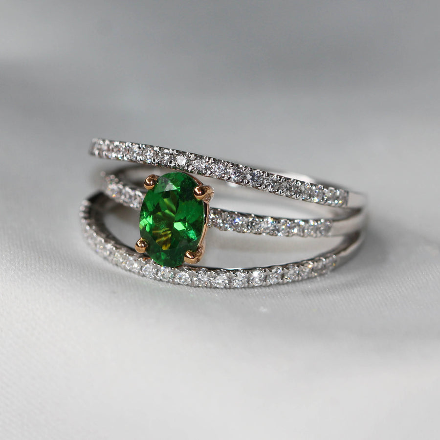 Tsavorite Garnet & Diamond Three Row Dress Ring