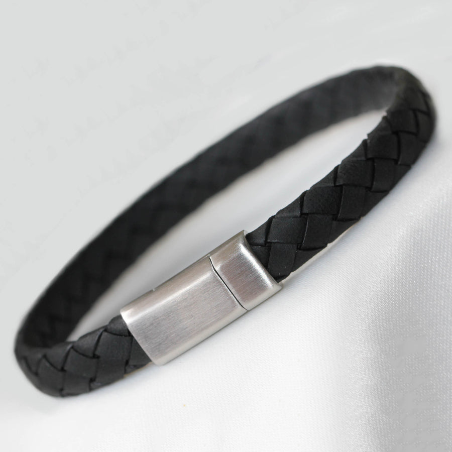 Black Italian Leather & Stainless Steel Gent's Bracelet