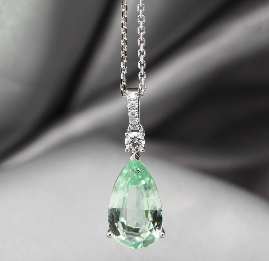 Pear Cut Light Green Tourmaline & Diamond Pendant