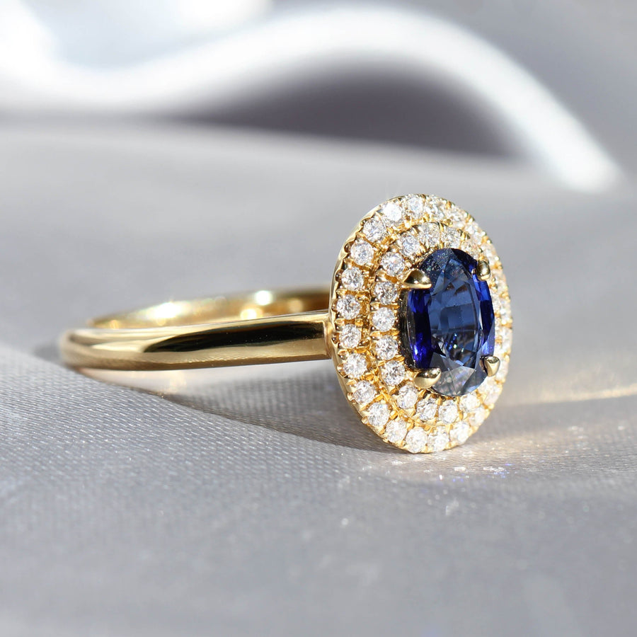 Double Halo Sapphire, Diamond & Yellow Gold Ring