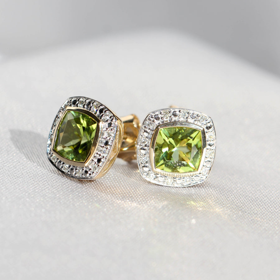 Cushion Cut Peridot & Diamond Studs