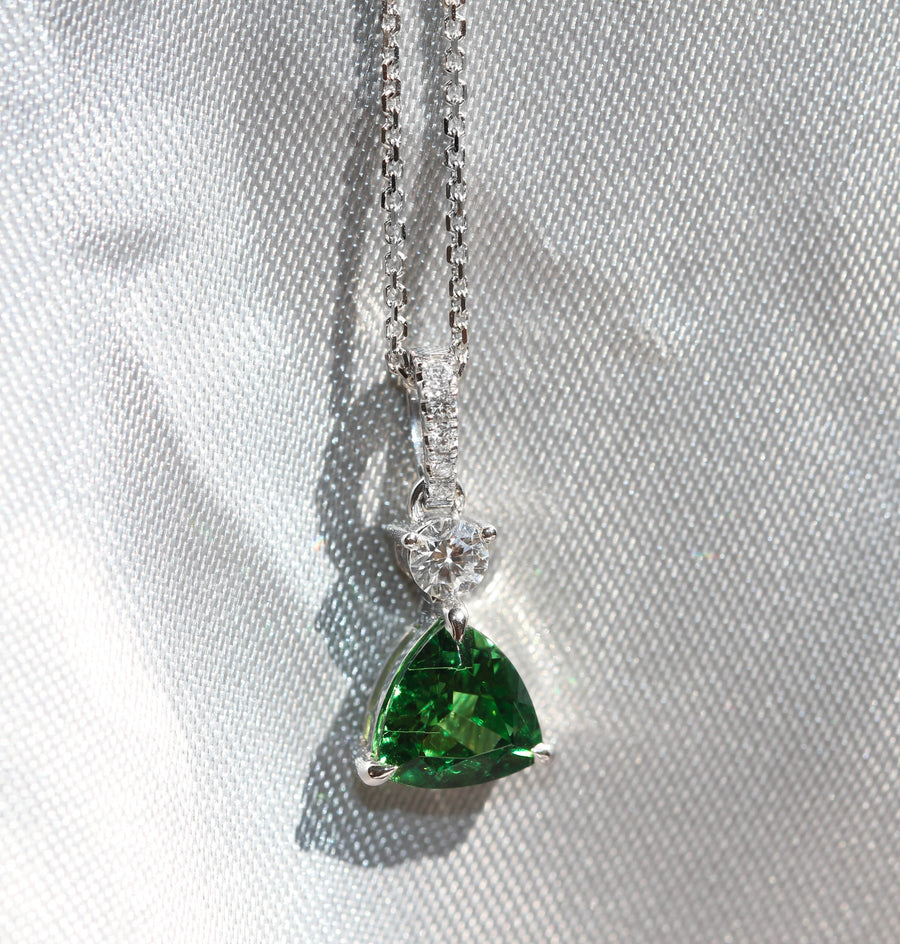 Trilliant Cut Tsavorite Garnet & Diamond Pendant