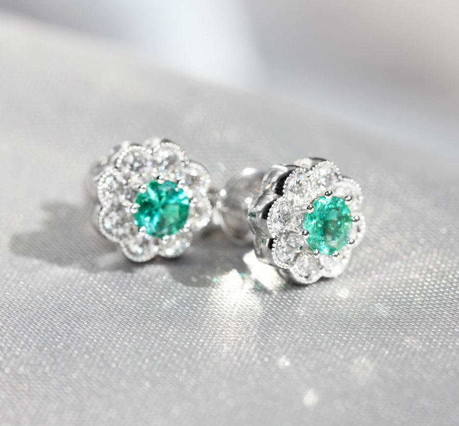 Emerald & Diamond Flower Earrings