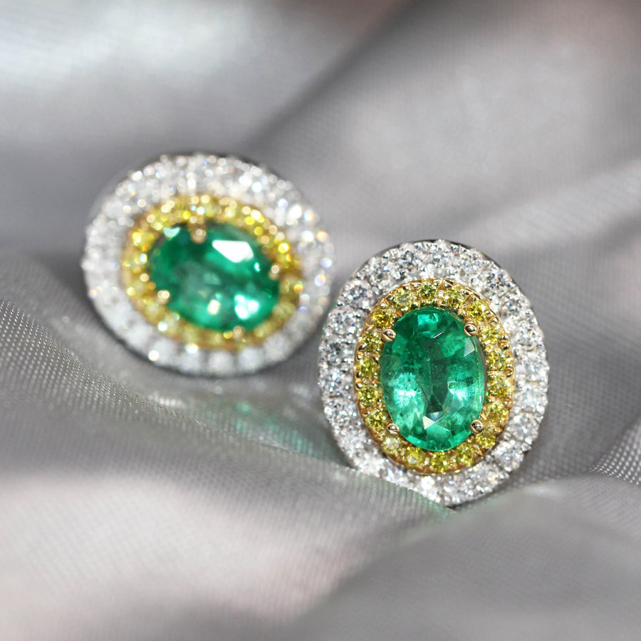 Oval Cut Emerald, Yellow & White Diamond Stud Earrings