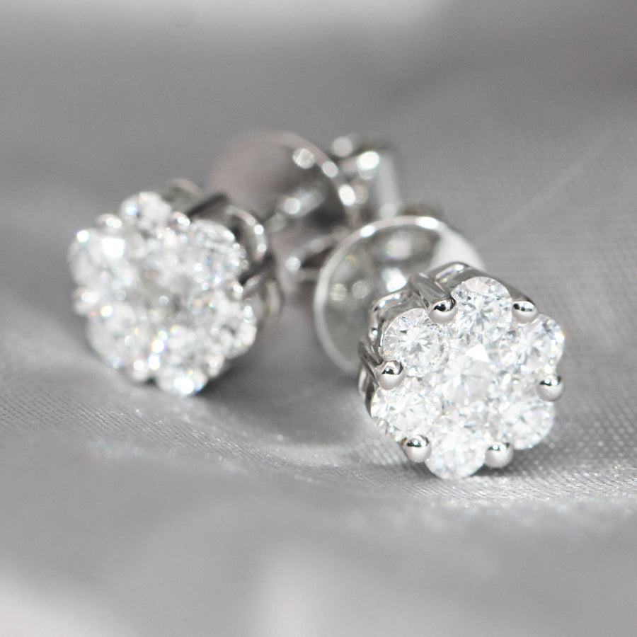 Large Round Cut Diamond & White Gold Cluster Studs