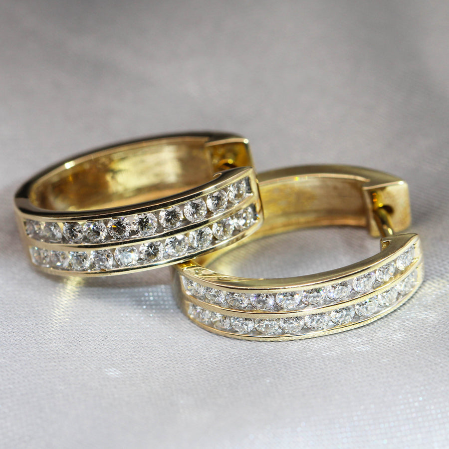 Diamond & Yellow Gold Double Row Channel Set Huggies