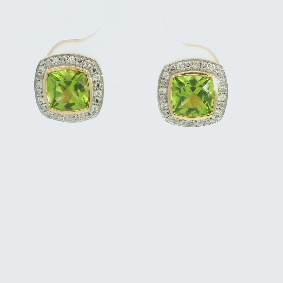 Cushion Cut Peridot & Diamond Studs