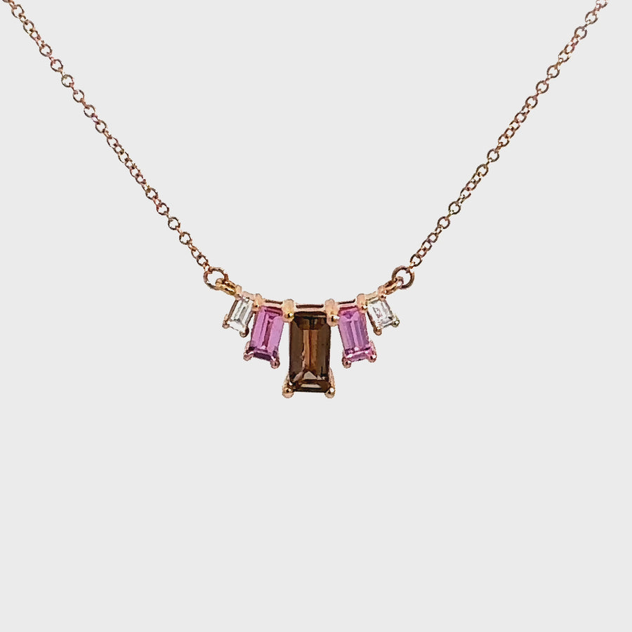 Baguette Cut Smoky Quartz, Pink Sapphire & Diamond Necklet