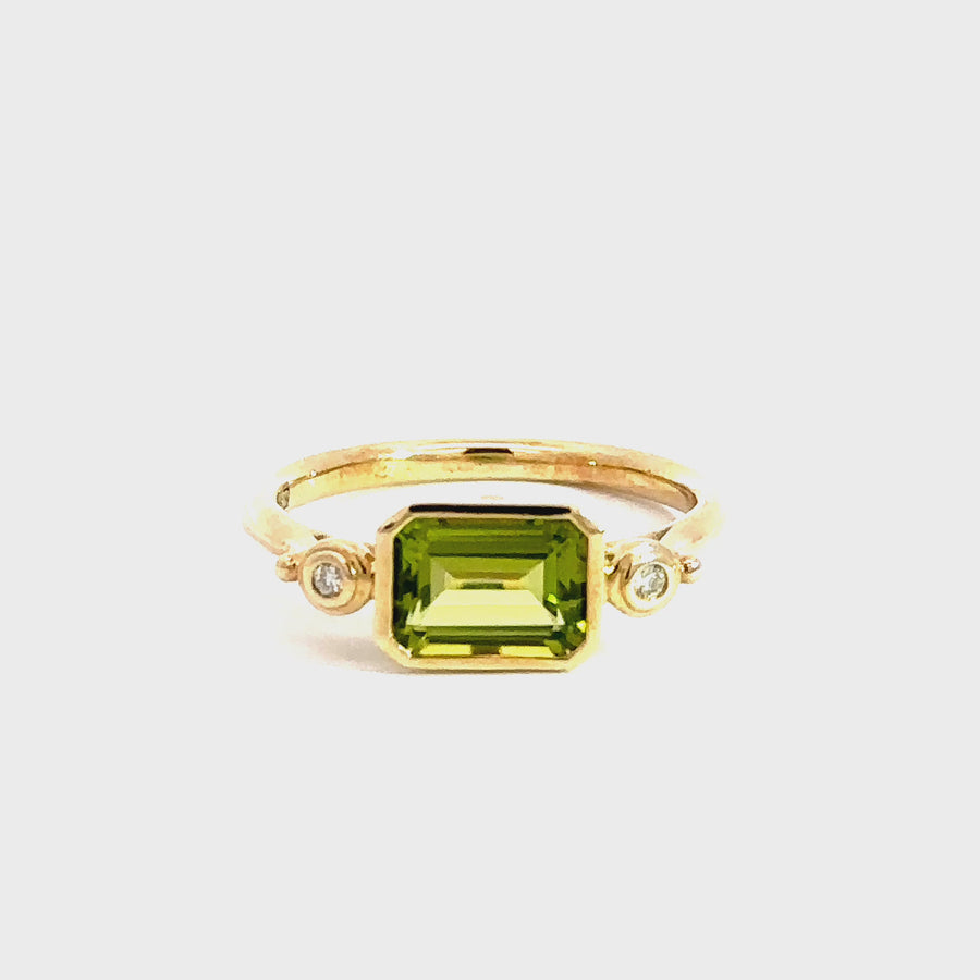Bezel Set Emerald Cut Peridot & Diamond Dress Ring