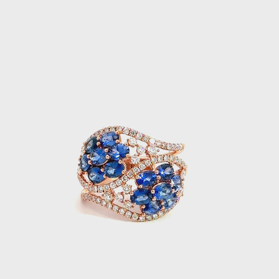 Cluster Crossover Sapphire, Diamond & Rose Gold Dress Ring