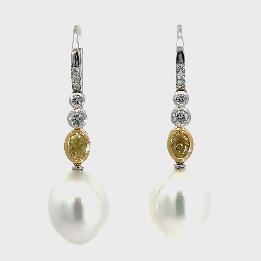 South Sea Pearl, Yellow & White Diamond Drop Earrings