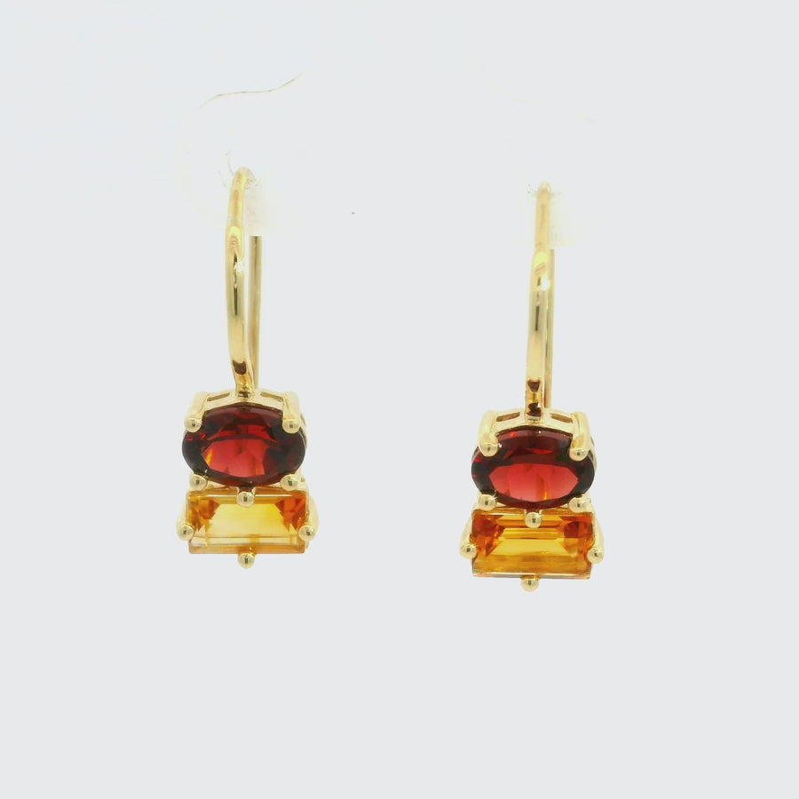 Citrine, Garnet & Yellow Gold Drop Earrings