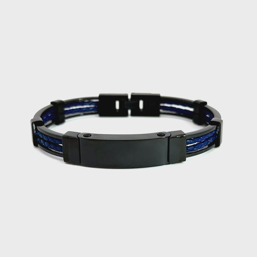 Black IP, Stainless Steel & Blue Leather Gents Bracelet